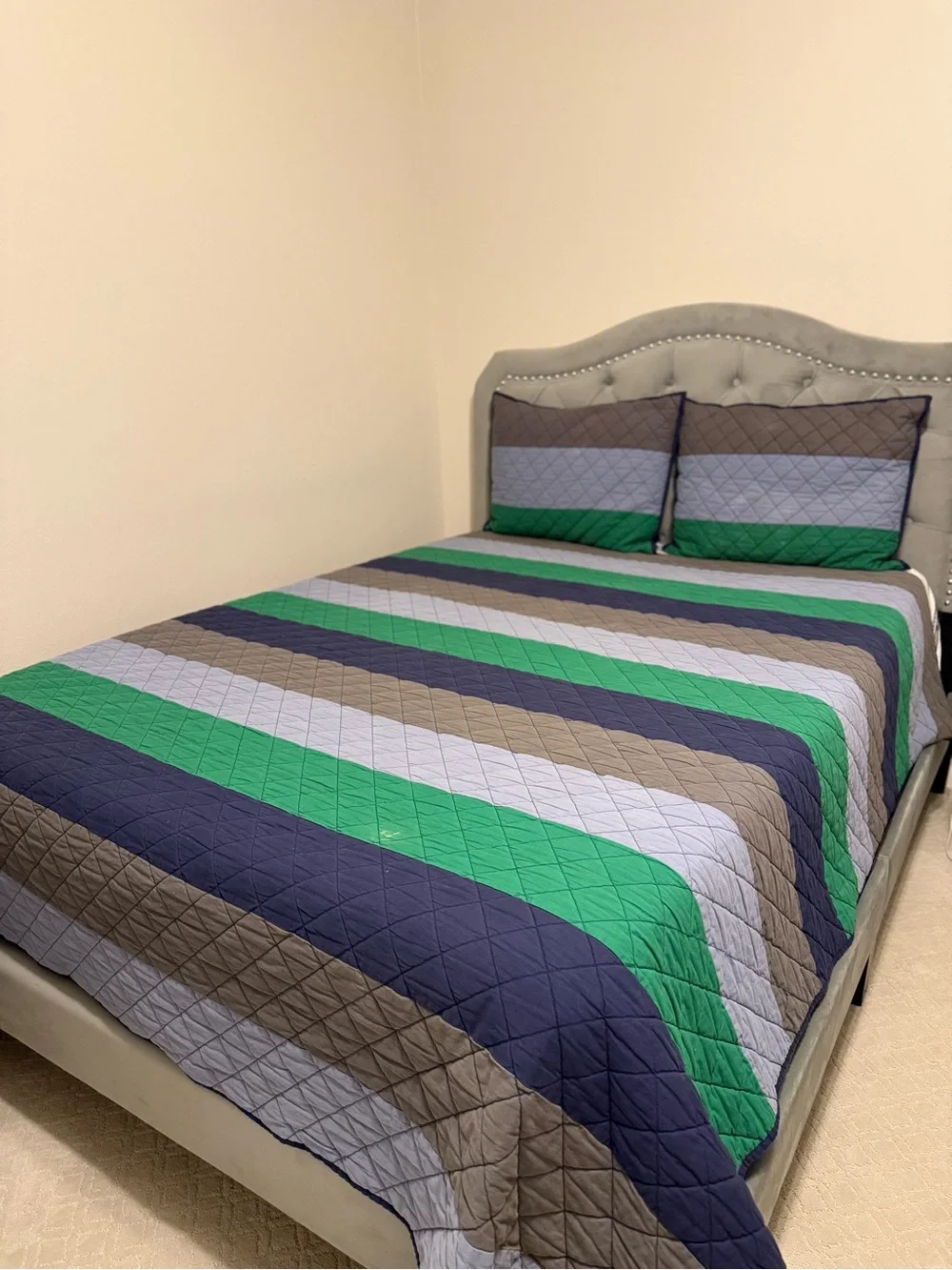 Pottery Barn Kids Block Stripe Quilt & Shams Full/Queen Blue/Green/Navy/Grey Set